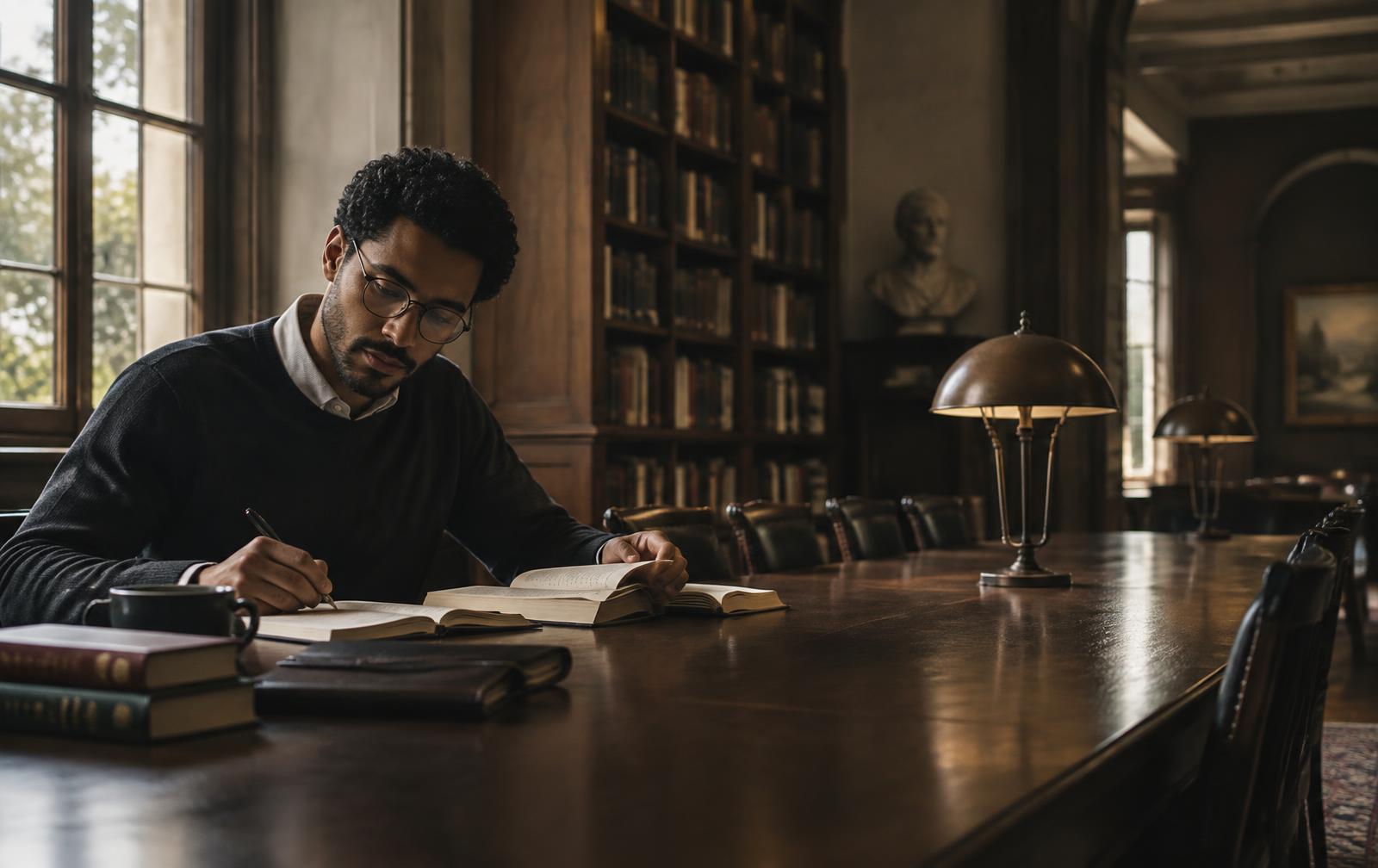 Pessoa estudando e fazendo anotações em uma biblioteca